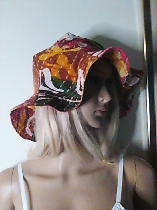 Kantha Sun Hat Tropical M-L Floral Reversible Handmade Vacation Beach KS16.